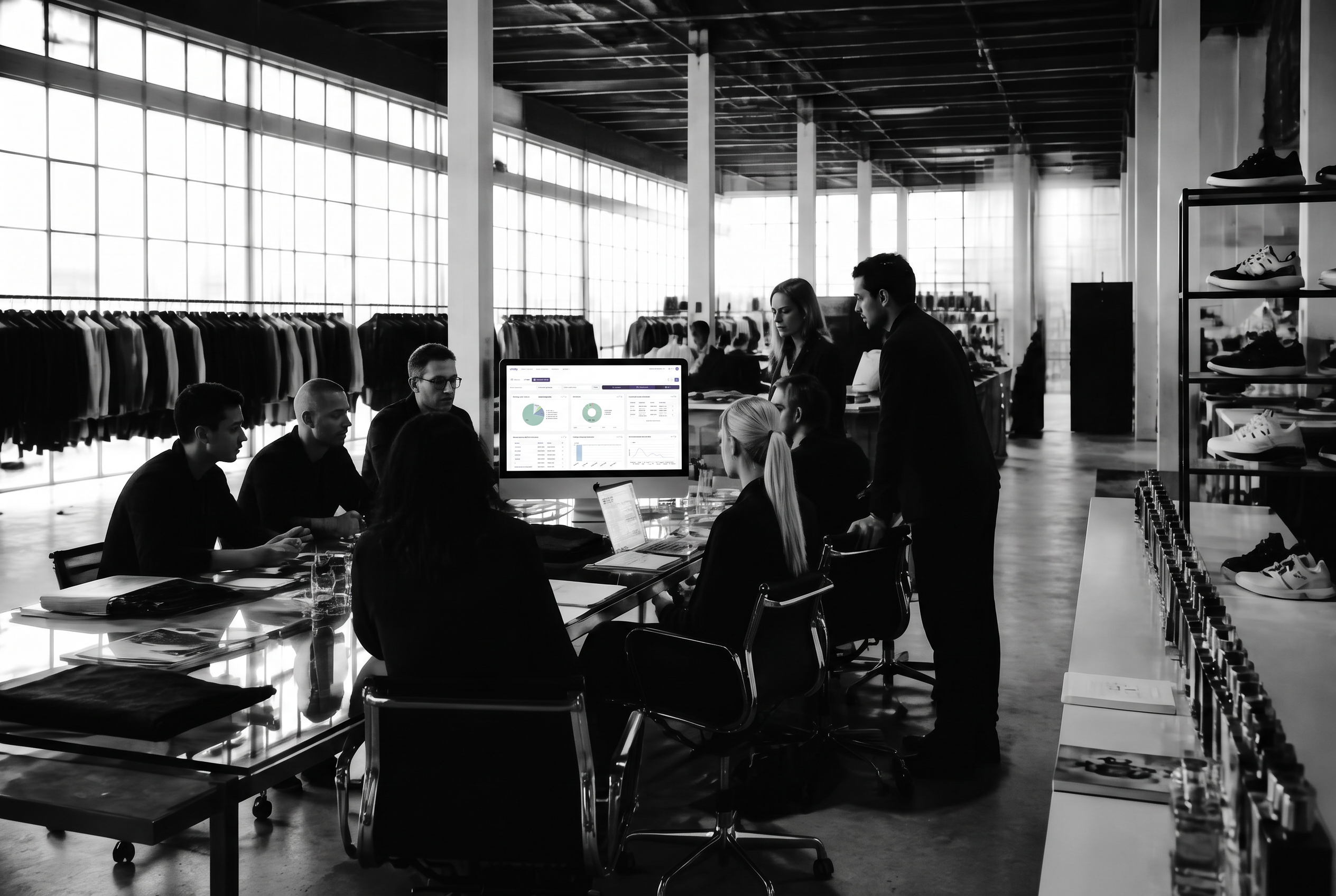 Fashion production manager working in Vintly at an atelier desk