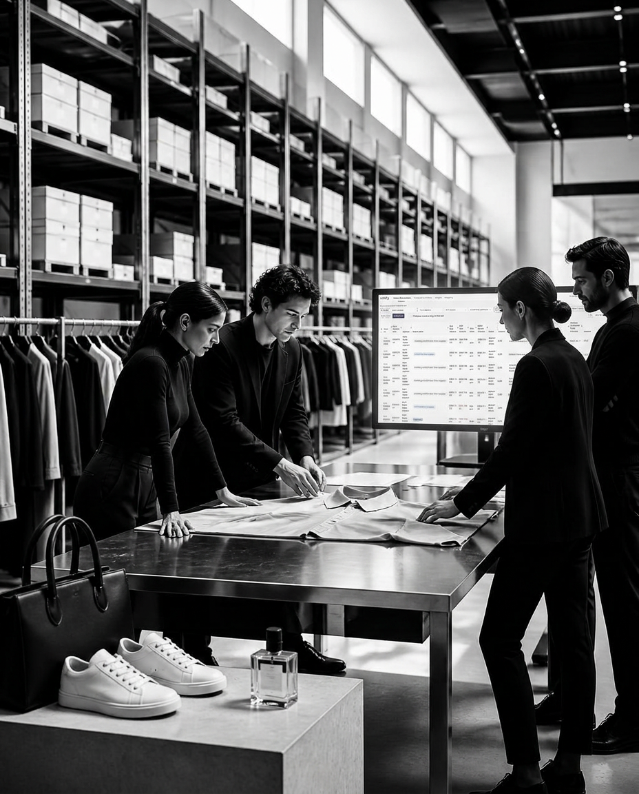 Fashion team collaborating around a worktable, discussing a shirt